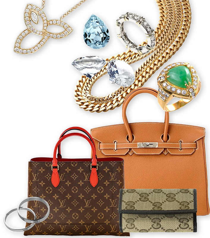 ブランドバッグ・財布・ダイヤモンド・宝石・金のチェーンなどの買取対象品